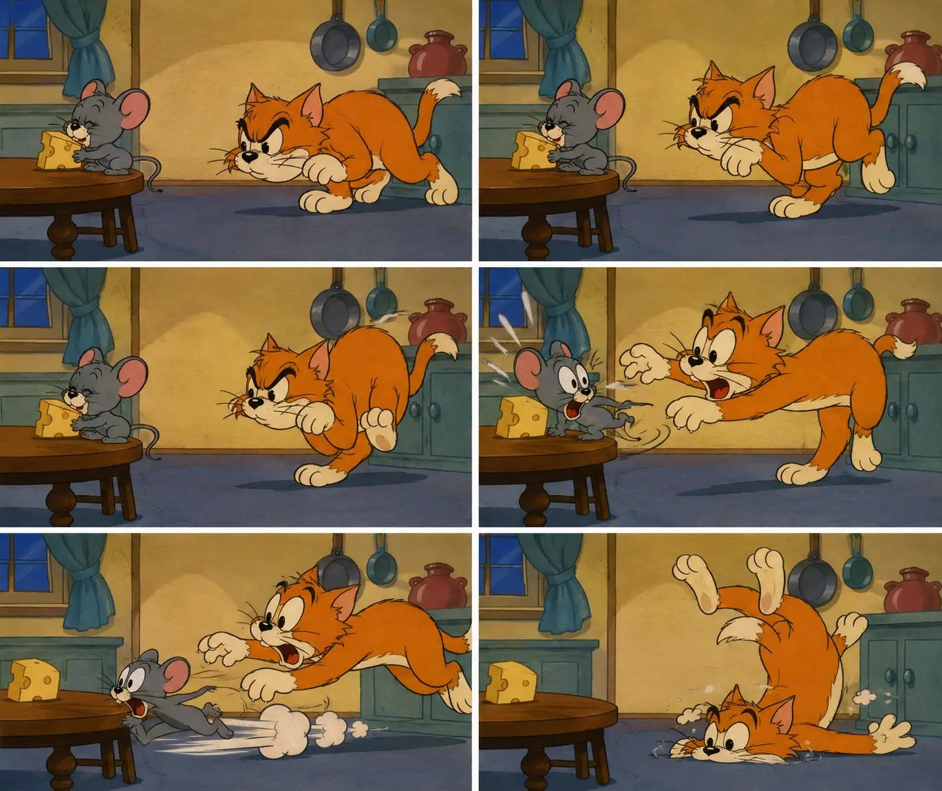 Vintage cartoon cat sneaking up on mouse in kitchen