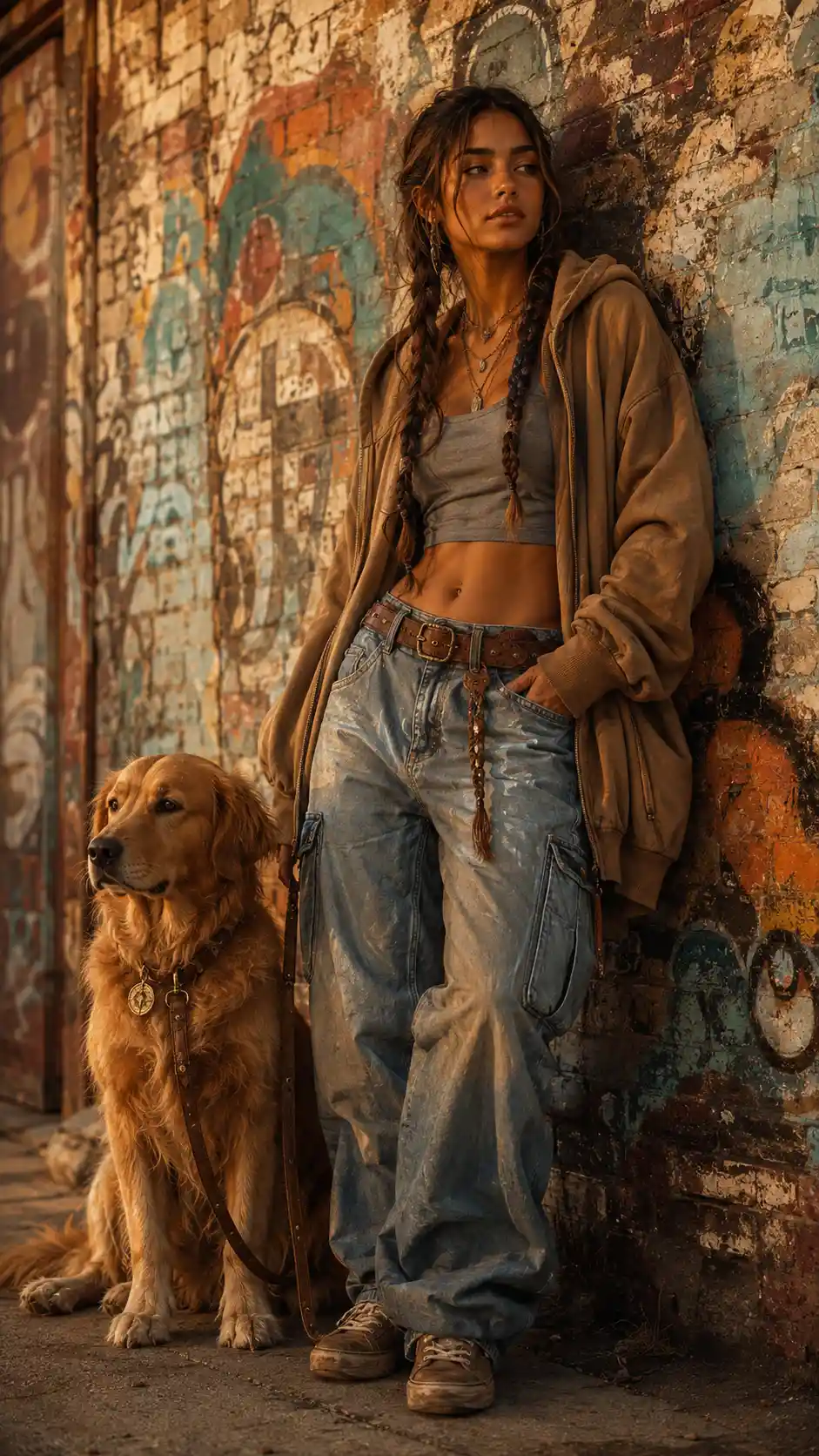 Young woman and dog on graffiti covered city street