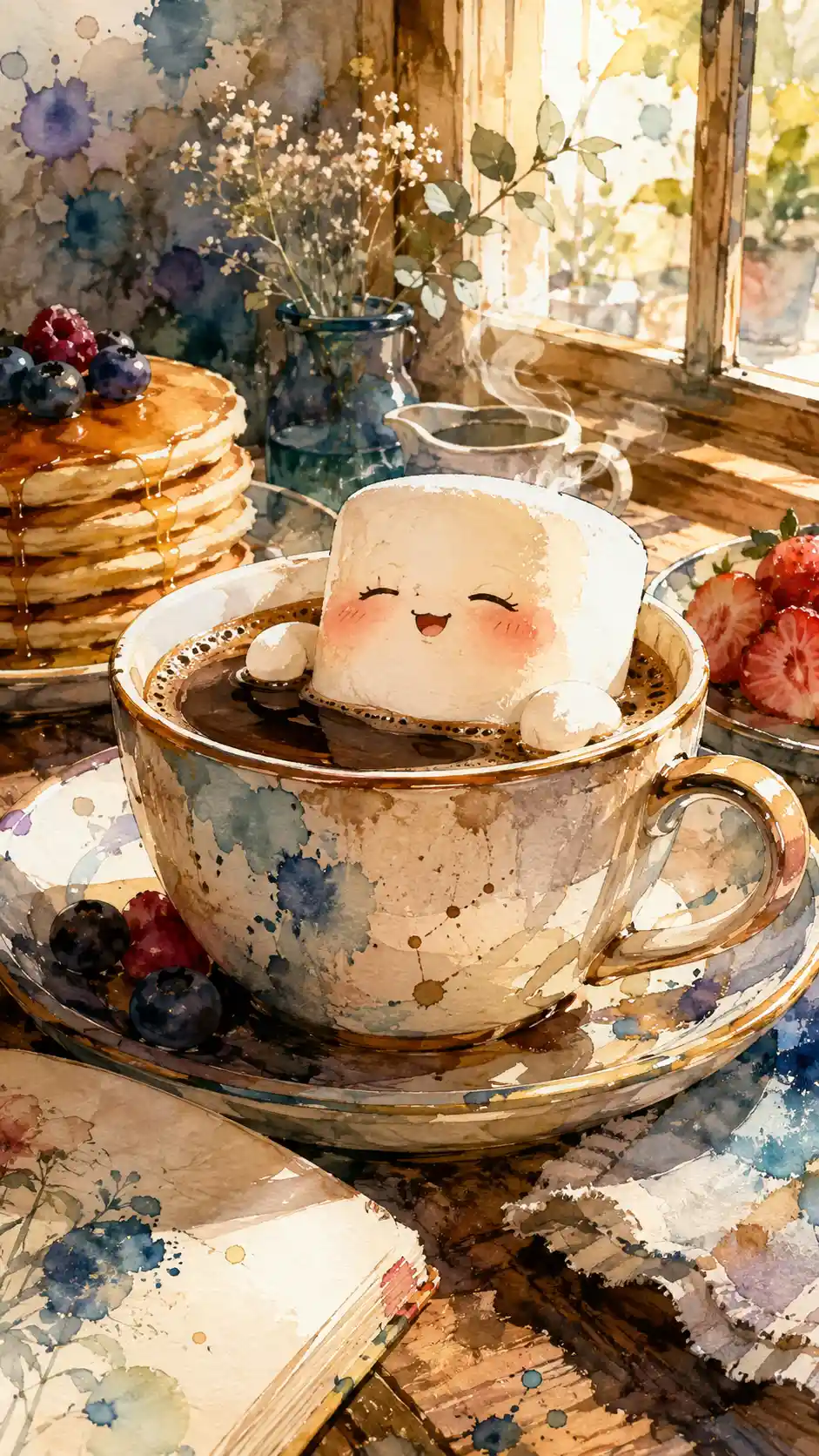 Cute marshmallow relaxing in a cozy coffee cup illustration