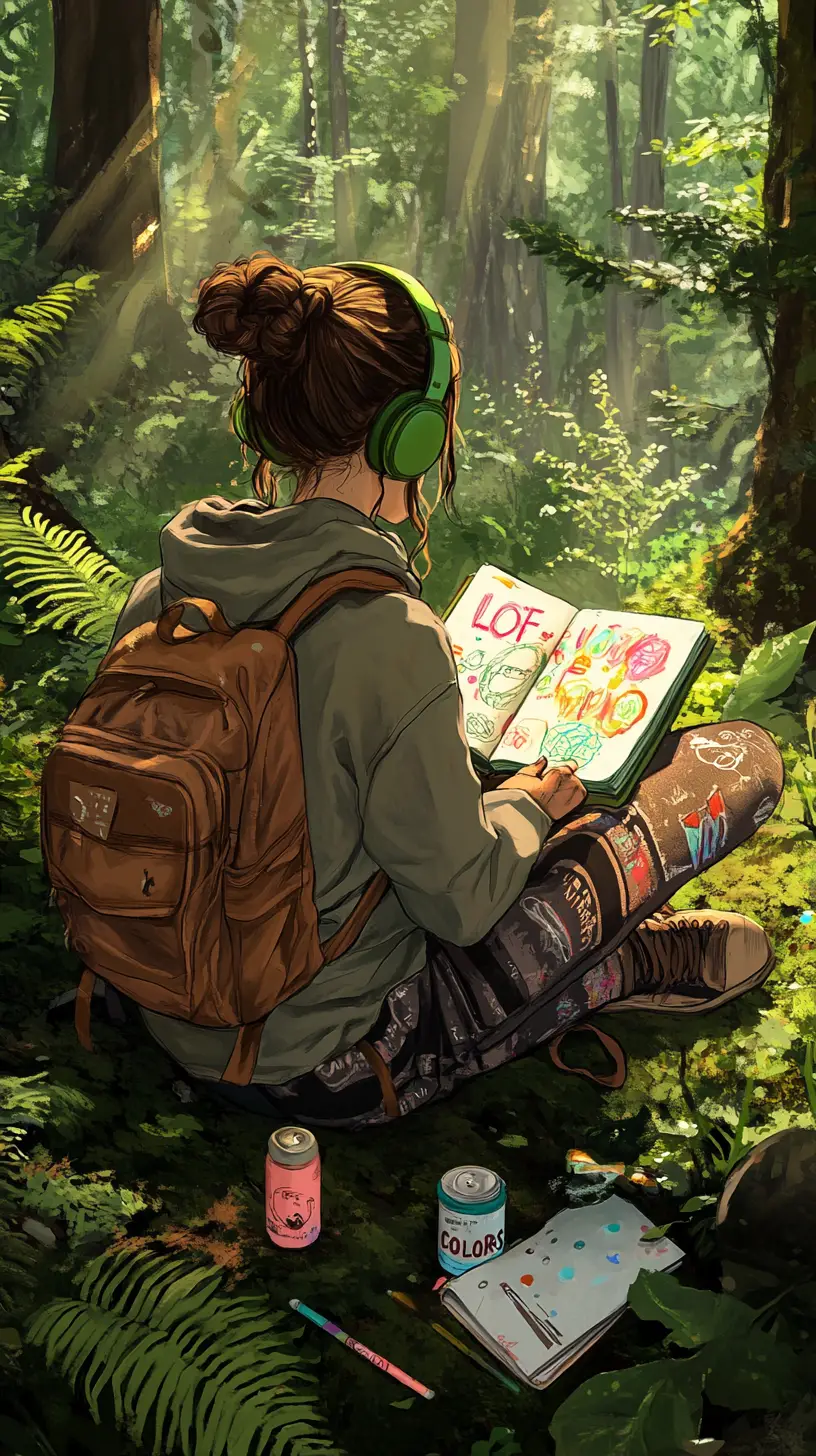 Girl sketching in a sunlit forest with headphones on