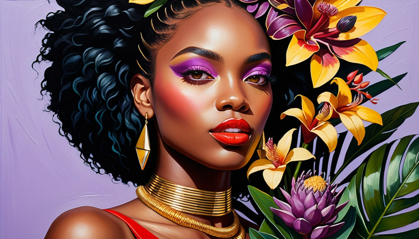 Surreal impasto portrait of a woman with tropical bouquet