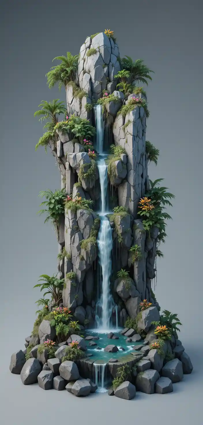 Tropical rock waterfall island with turquoise pool and plants