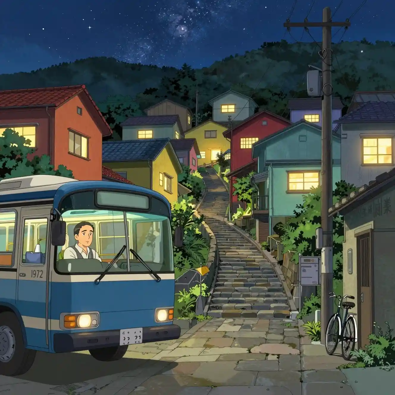 Vintage bus on a quiet starry hillside town street