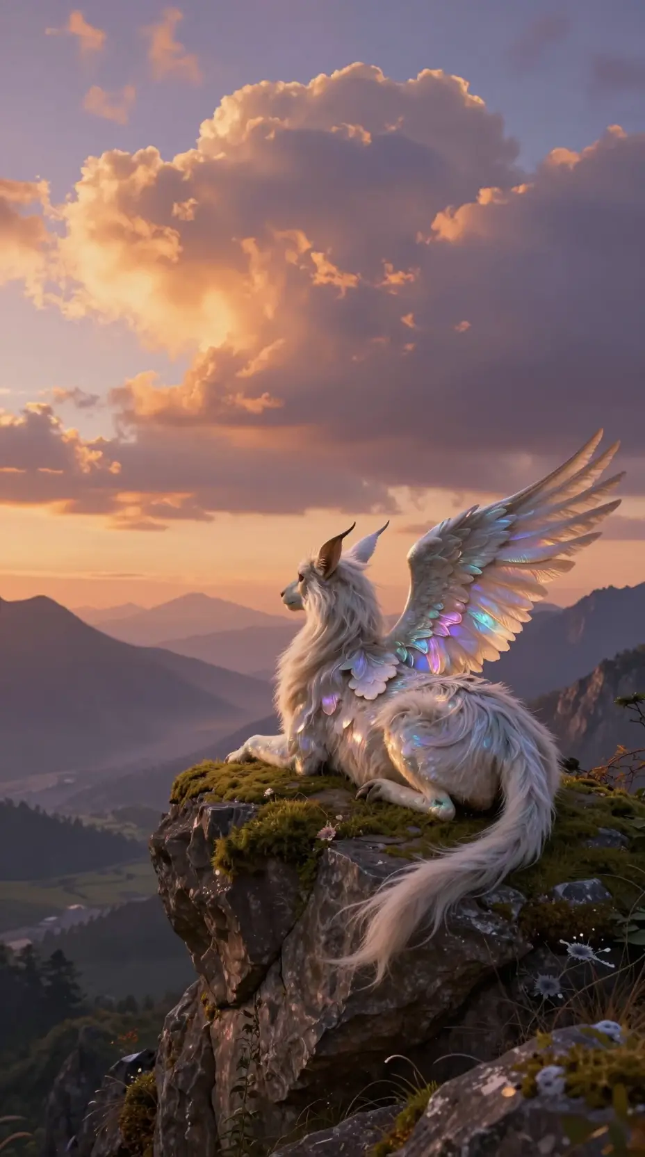 Mythical chimera resting above a glowing sunset valley