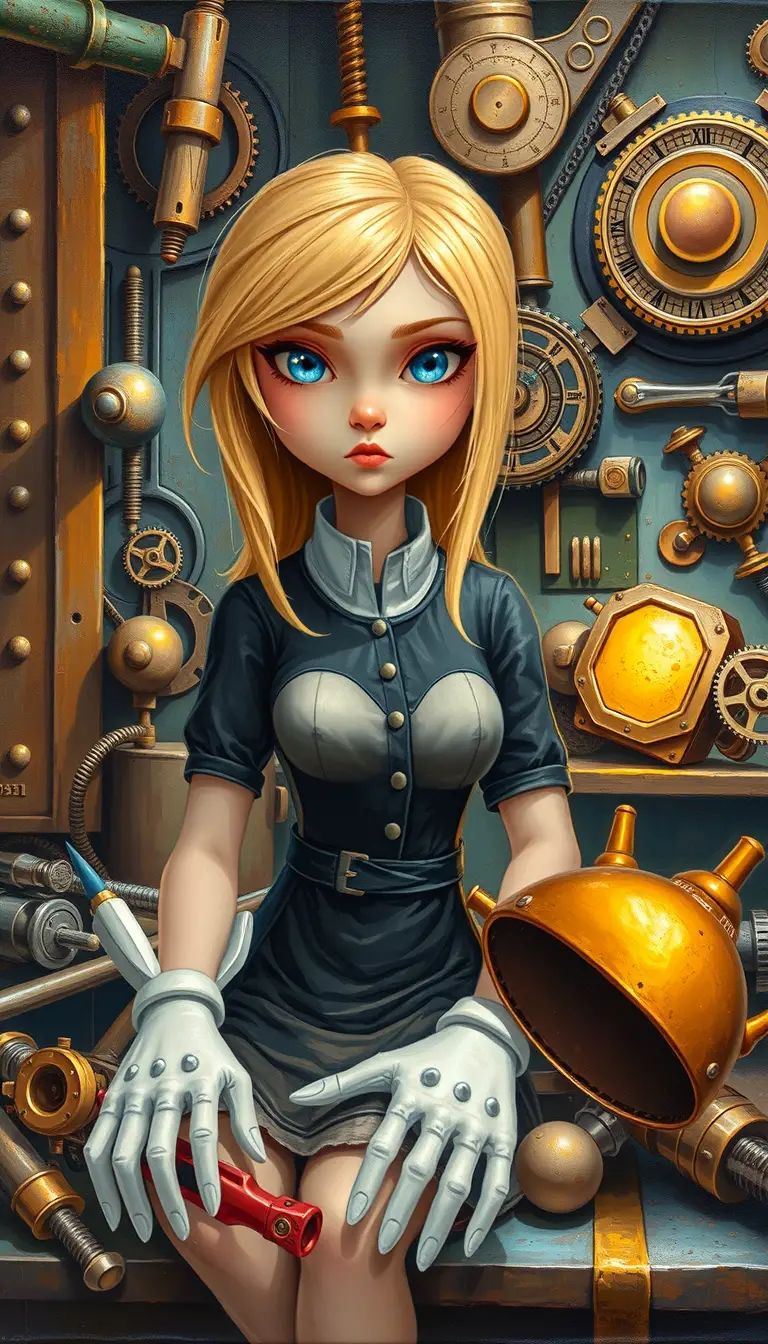 Impasto-Porträt einer Ingenieurin in einer Steampunk-Werkstatt