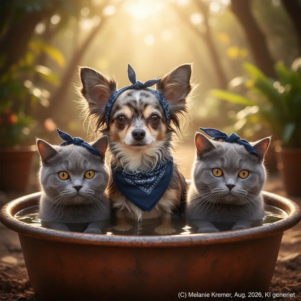 Senior chihuahua and two gray cats in outdoor bathtub