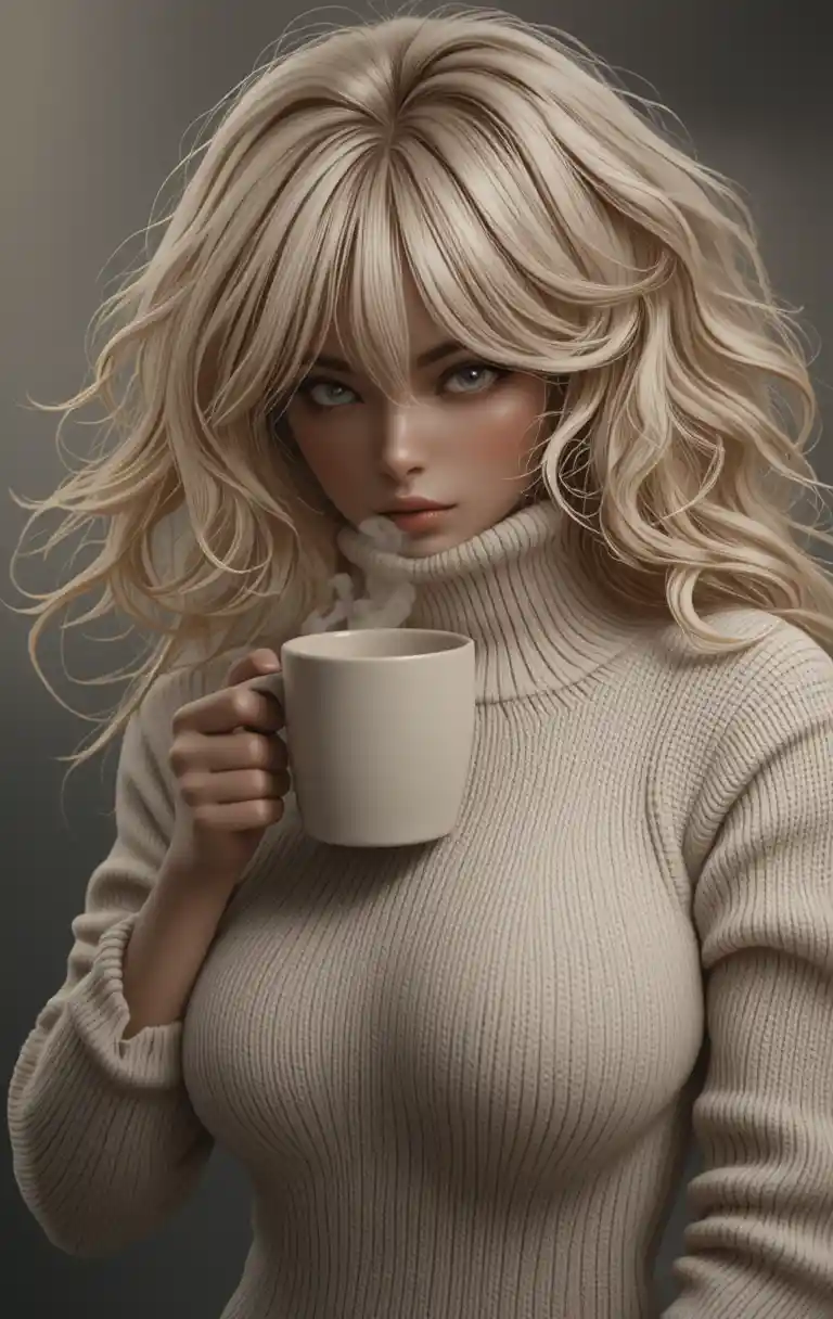 Blonde woman in turtleneck sweater sipping hot coffee