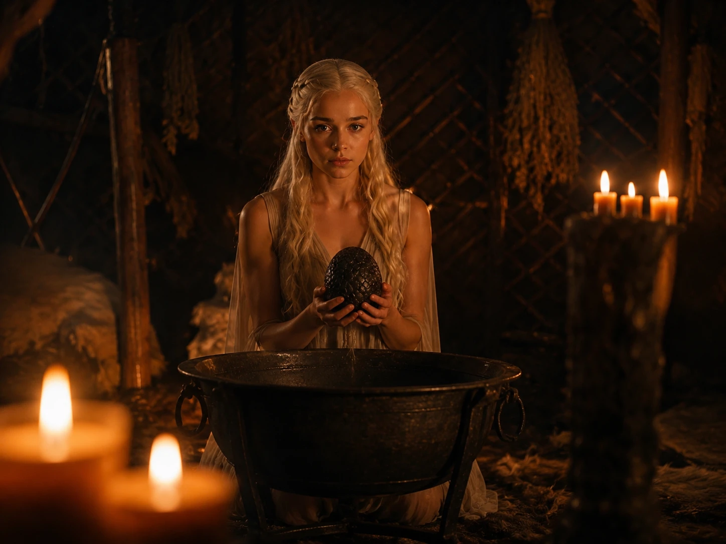 Young woman holding dragon egg by candlelit cauldron