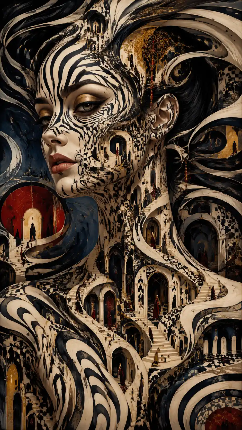 Surreal woman with architectural patterns flowing across her skin