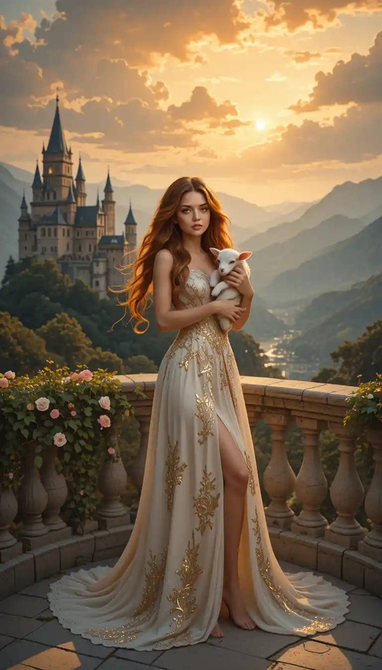 Woman with lamb on balcony at sunset castle