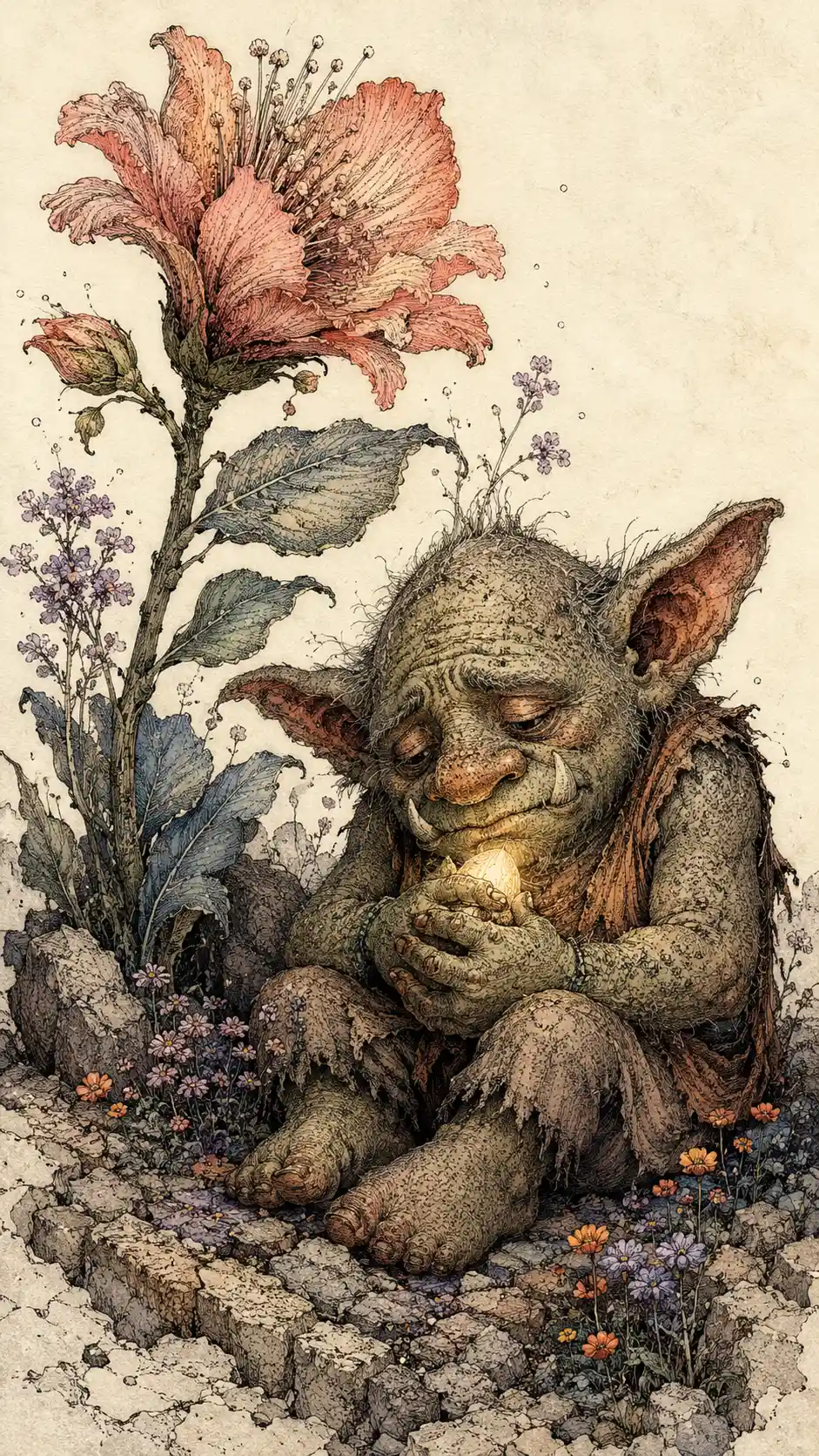 Gentle ogre holding a glowing seed beside a giant flower