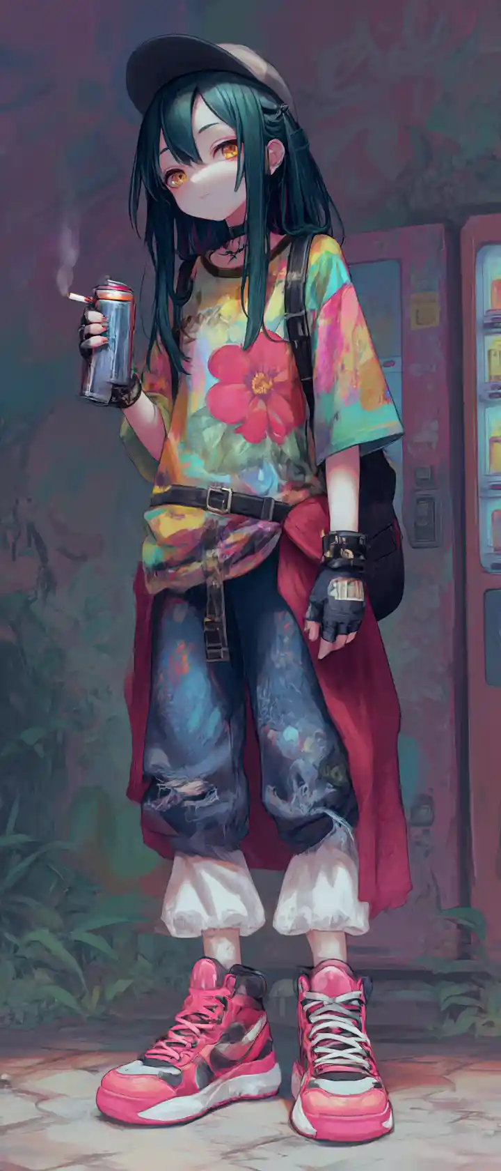 Anime street artist girl with spray paint and graffiti wall