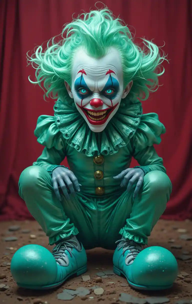 Sinister clown with mint green hair and teal shoes
