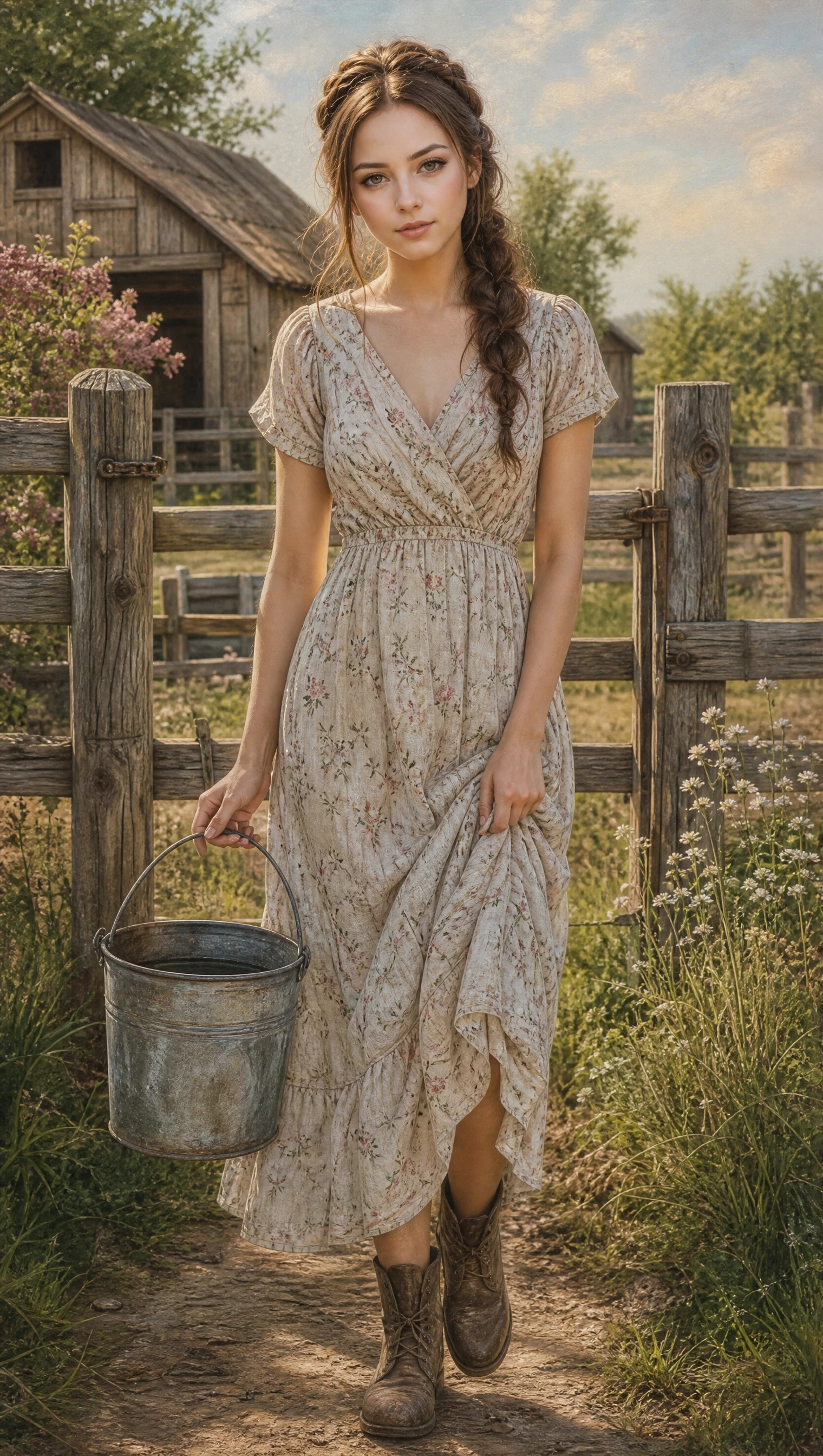 Woman with water bucket in a soft pastel farmyard scene
