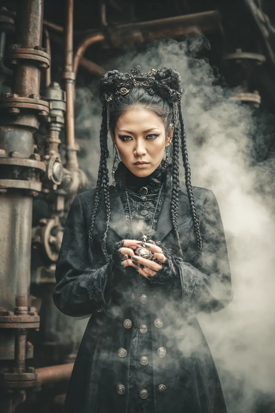 Steampunk woman with braided raven hair amid steam pipes