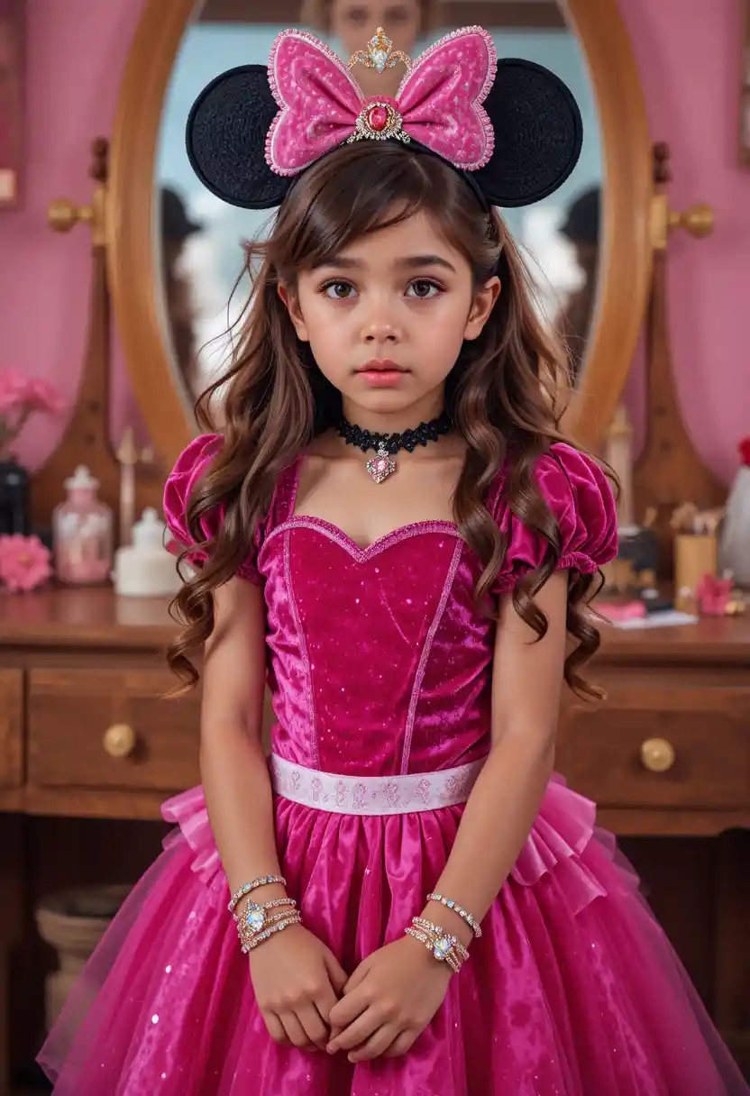 Nervous tween boy in princess costume by a vanity