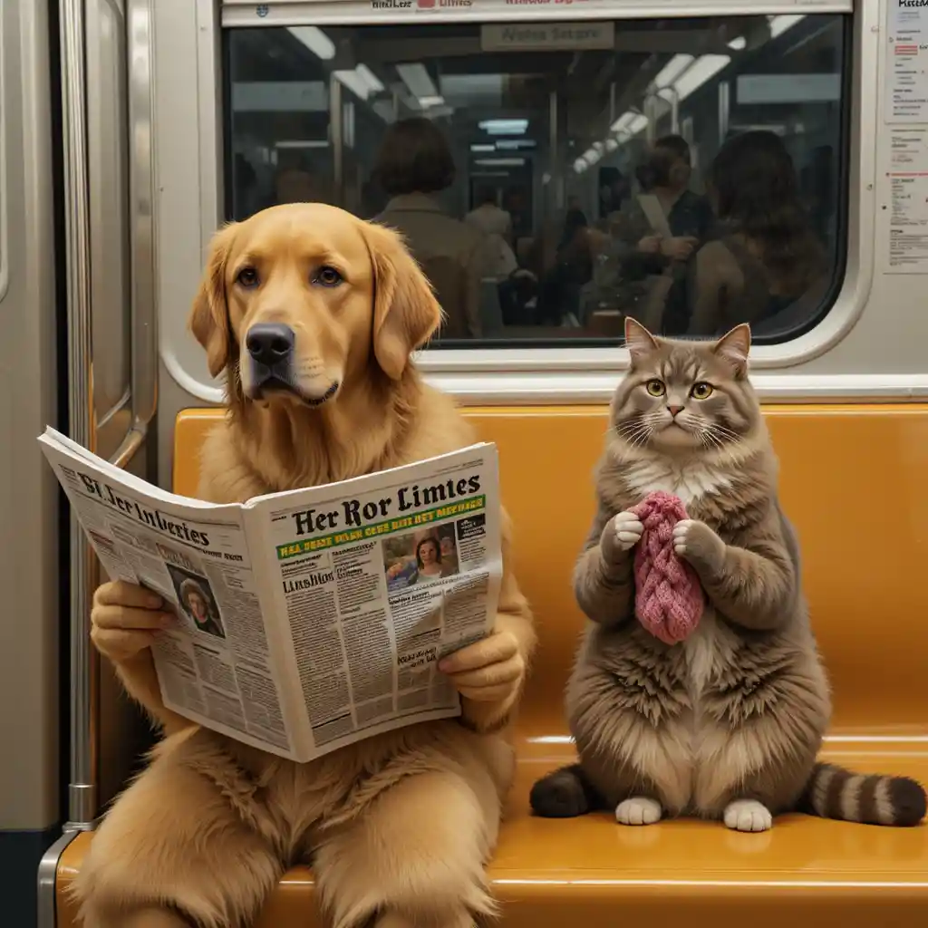 Golden retriever reading a newspaper on a busy subway