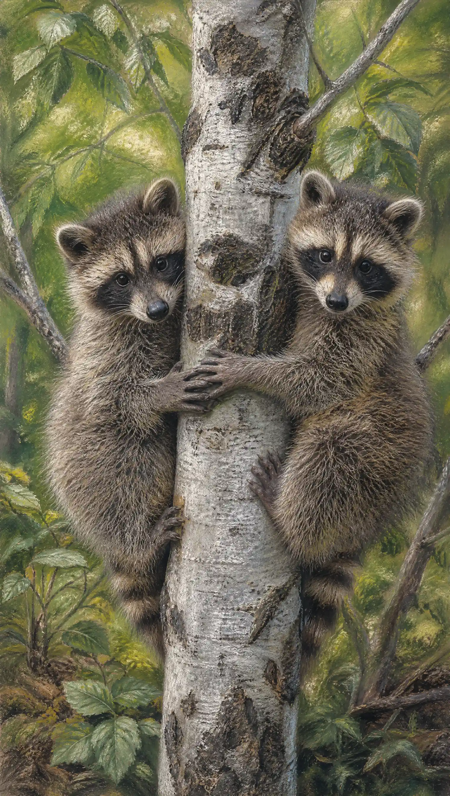 Two young raccoons climbing a forest tree in soft pastel