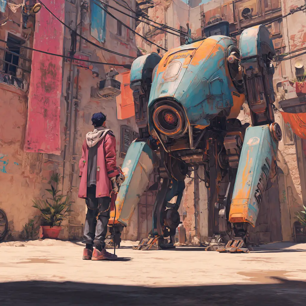 Inventeur cyberpunk avec compagnon sensible dans une ville futuriste au néon
