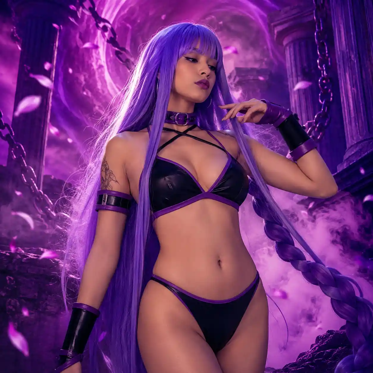 Confident cosplay woman in colorful medusa inspired swimsuit