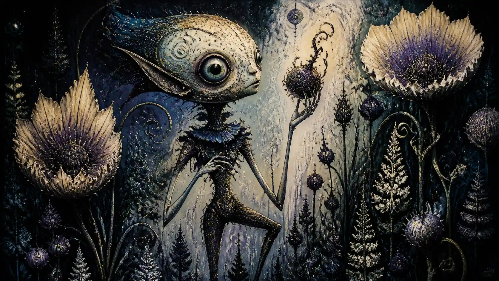 Whimsical fantasy creature among towering flowers at night