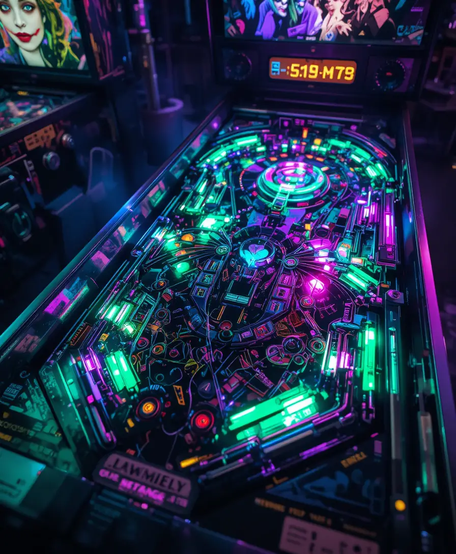 Neon pinball table in a dark ominous arcade view