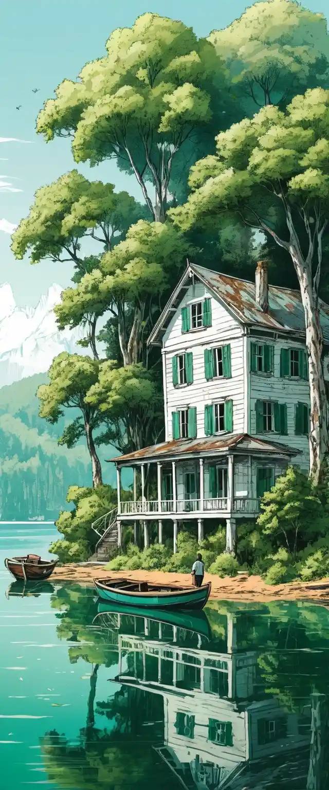Old white lakeside house with boat on clear water