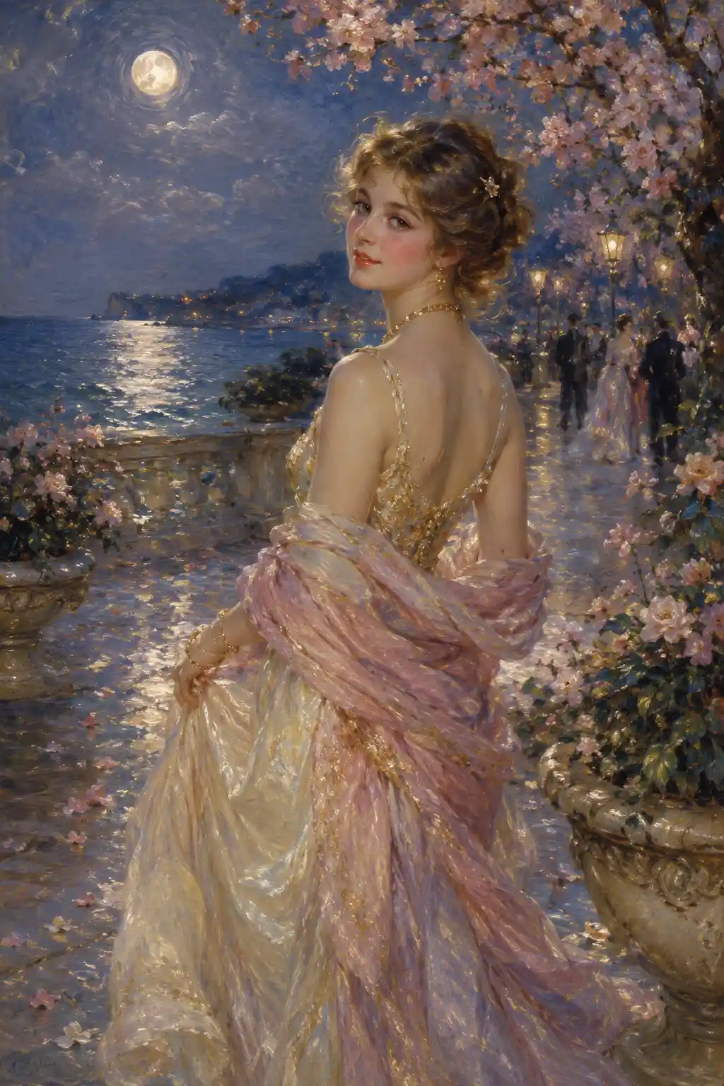 Elegant girl walking along a moonlit seaside promenade