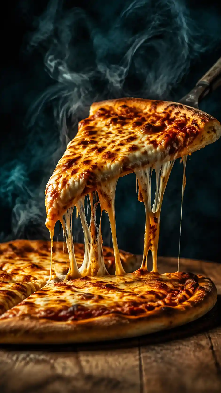 Cheesy pizza slice lifted from rustic wooden table