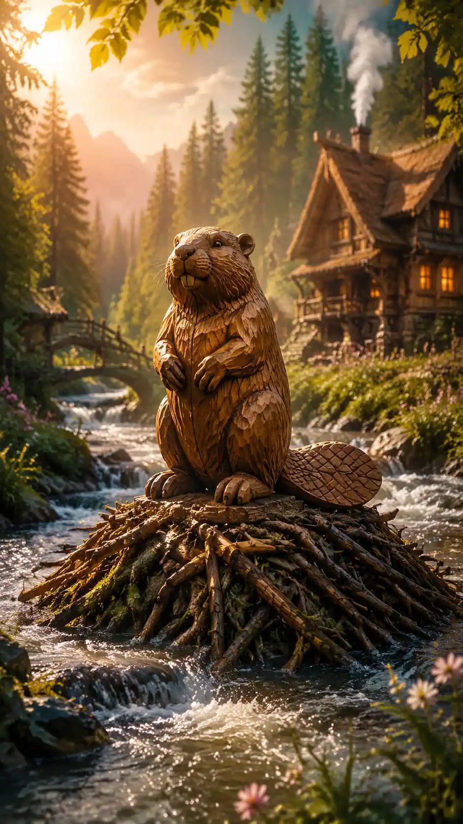 Wooden beaver statue on a dam in a sunny forest stream