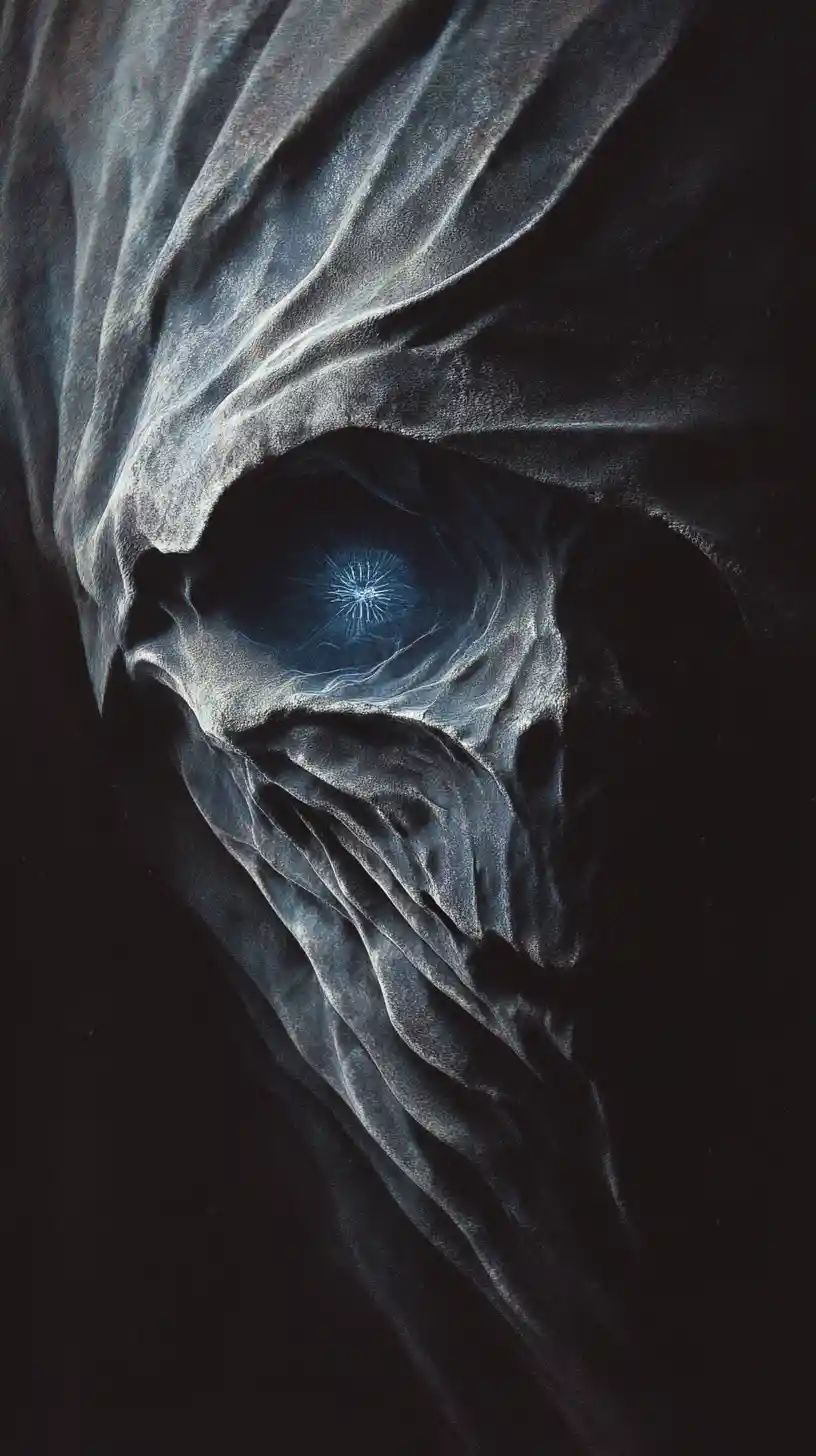 Malevolent skeletal entity with a single blazing blue eye