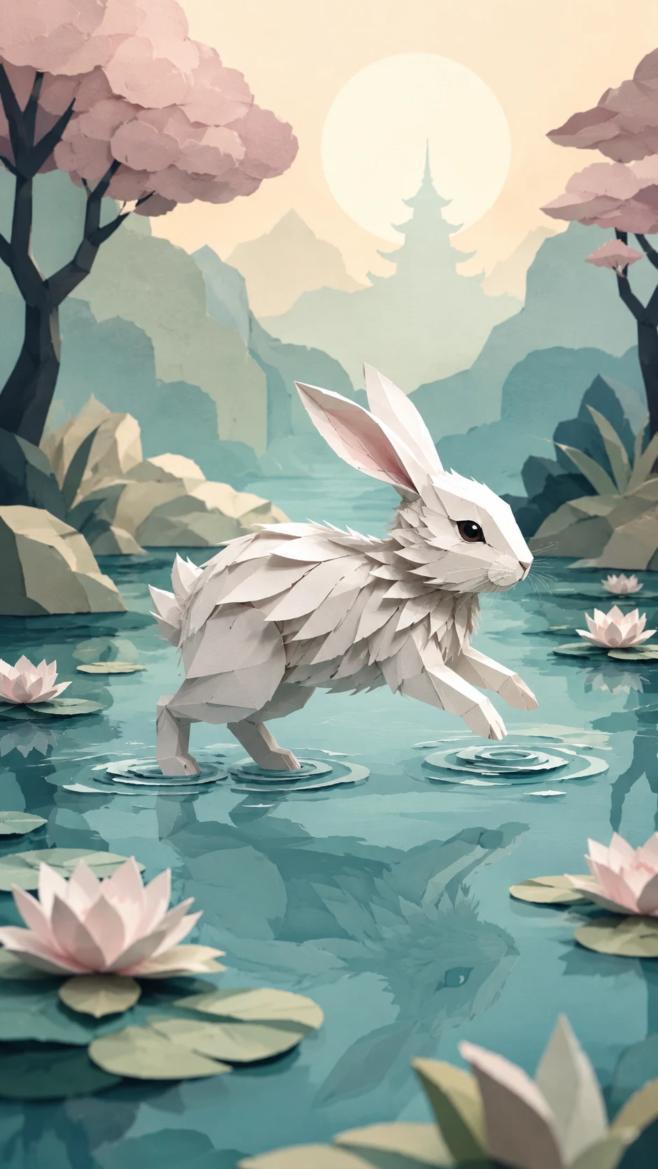 Origami rabbit floating gently on a calm morning pond
