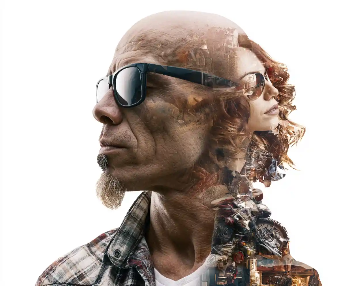 Double exposure portrait of a bald man in flannel shirt