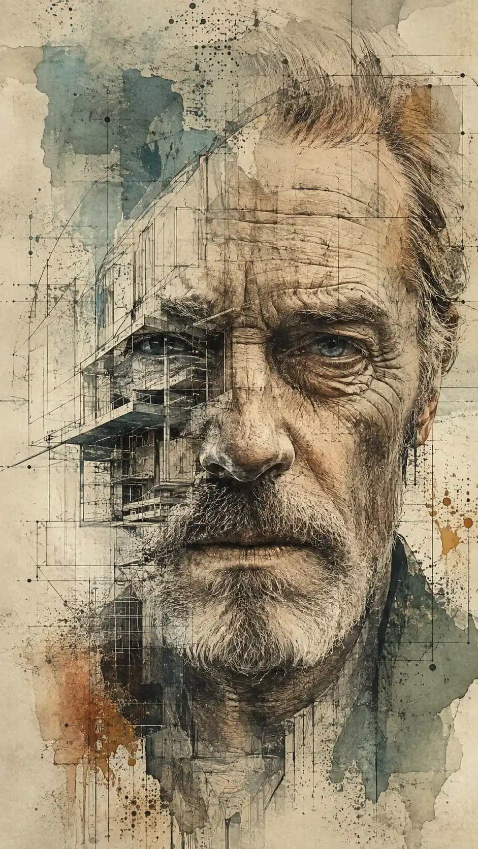 Surreal close up of an older man merging with blueprints