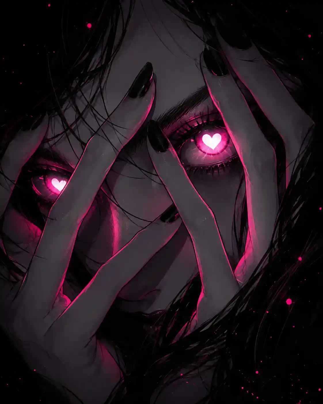 Surreal neon eyed woman framed by tense reaching hands