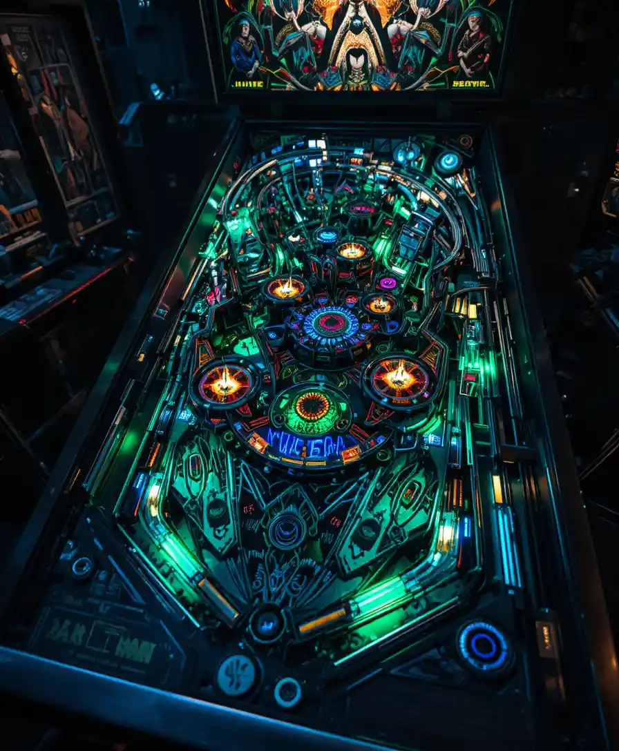 Neon pinball table in a dark surreal fantasy scene