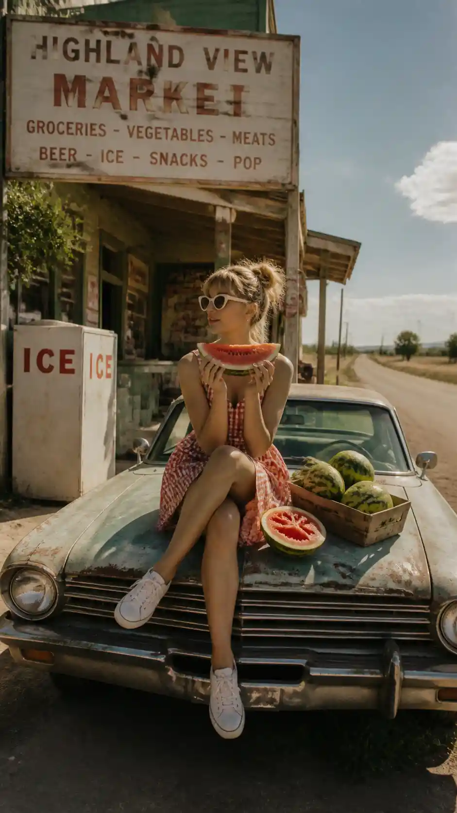 Woman on vintage car eating watermelon by roadside market
