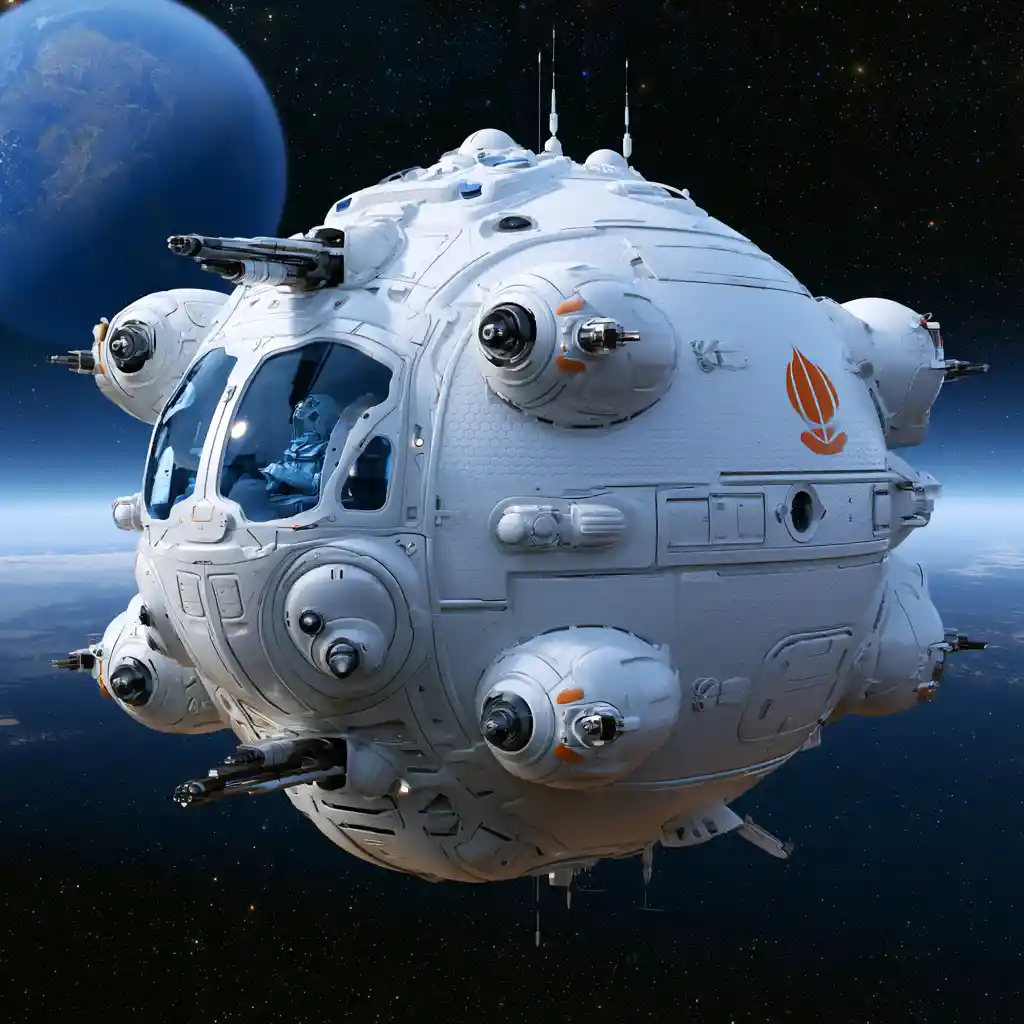 Spherical single seat space fighter above distant blue planet
