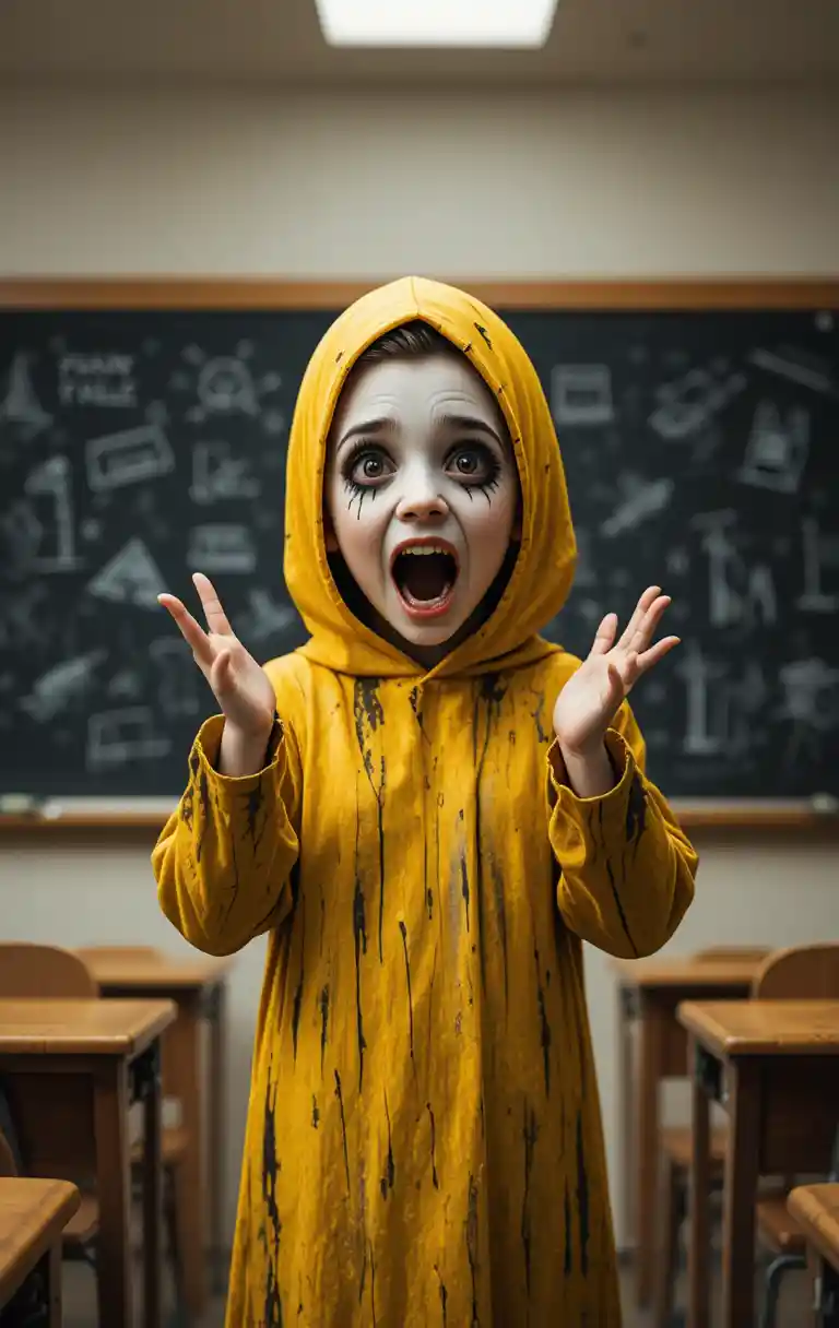 Playful child ghost in striped costume in classroom poster