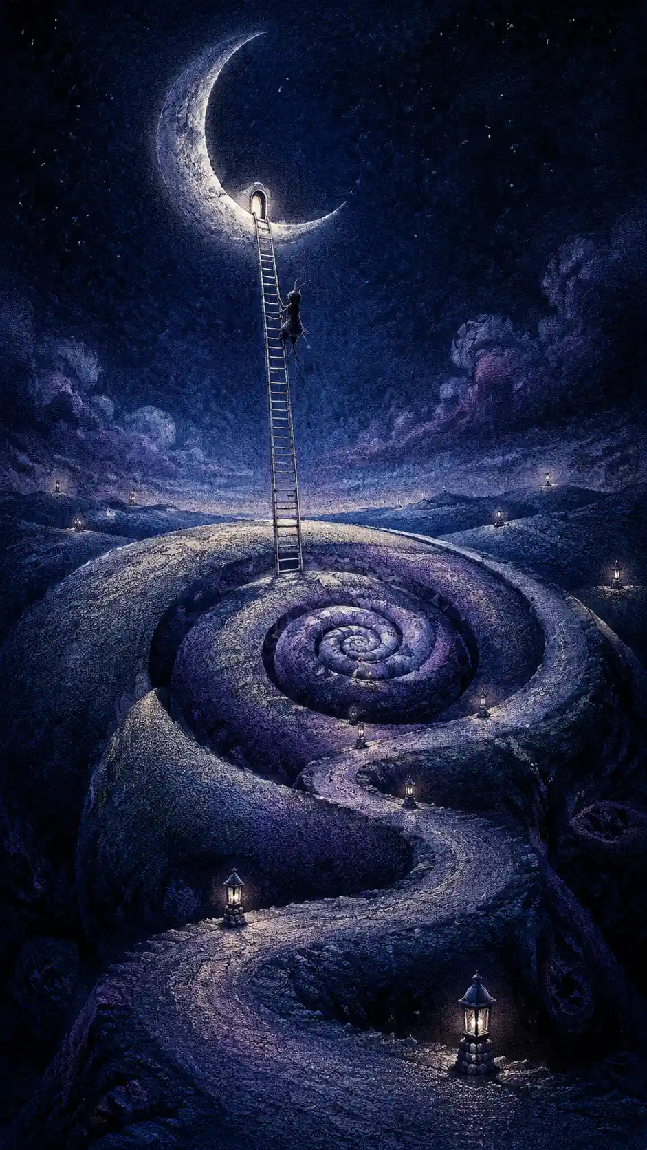 Crescent moon above surreal spiral hills and lone climber