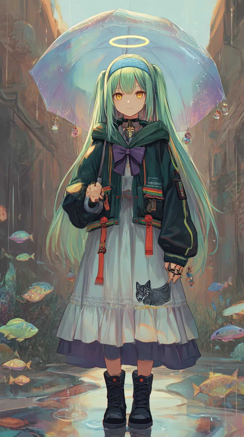 Anime girl walking with umbrella on rainy city street
