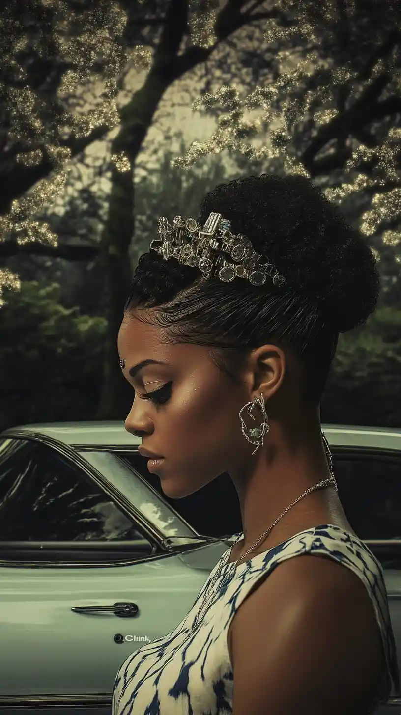 Woman with afro hairstyle adorned with clinking beads