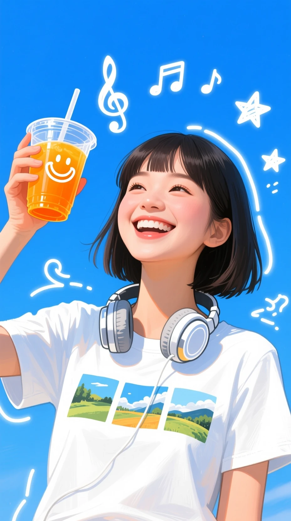 Joyful girl raising orange juice under a bright blue sky