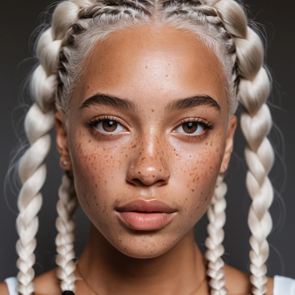 Close up portrait of a woman with braids and freckles