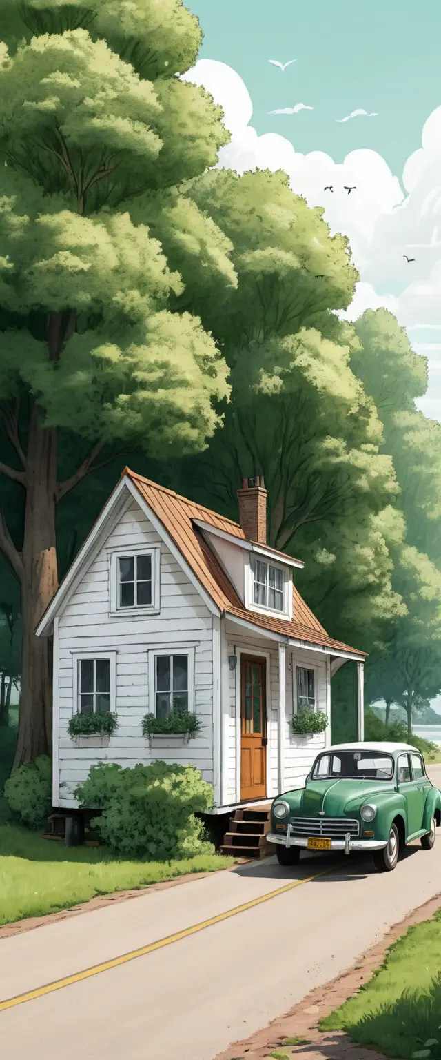Rustic lakeside house with old car and tall green trees