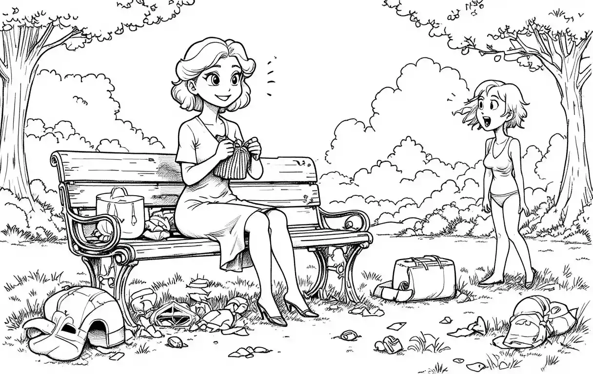Woman knitting on a park bench in a playful cartoon scene