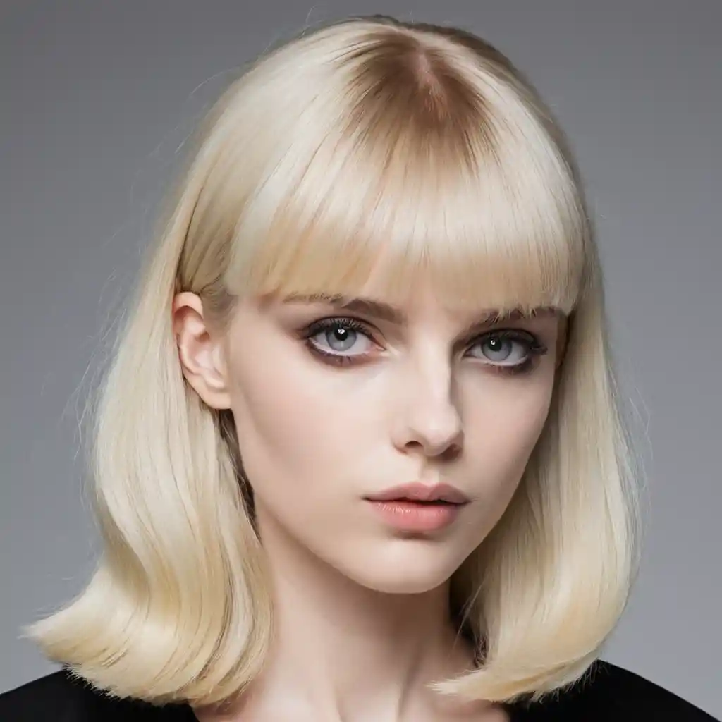 Blonde woman headshot with pastel bangs and dark eyes