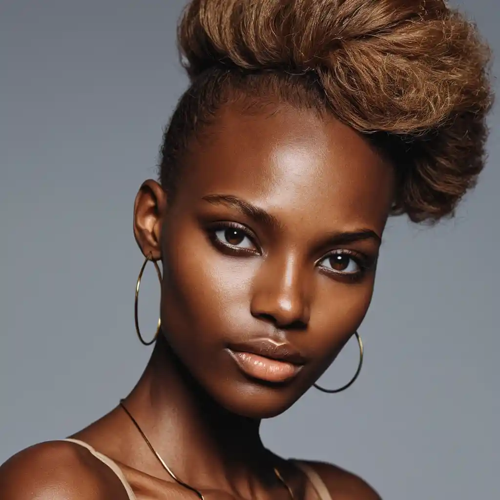 Dark skinned woman with shaved dark honey blond hair portrait