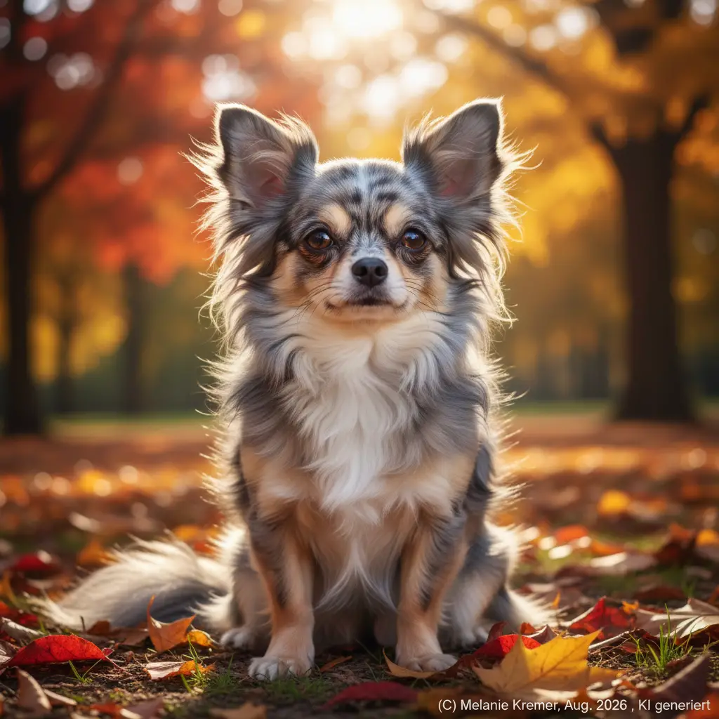 Merle Chihuahua sitting in autumn leaves in a sunny park