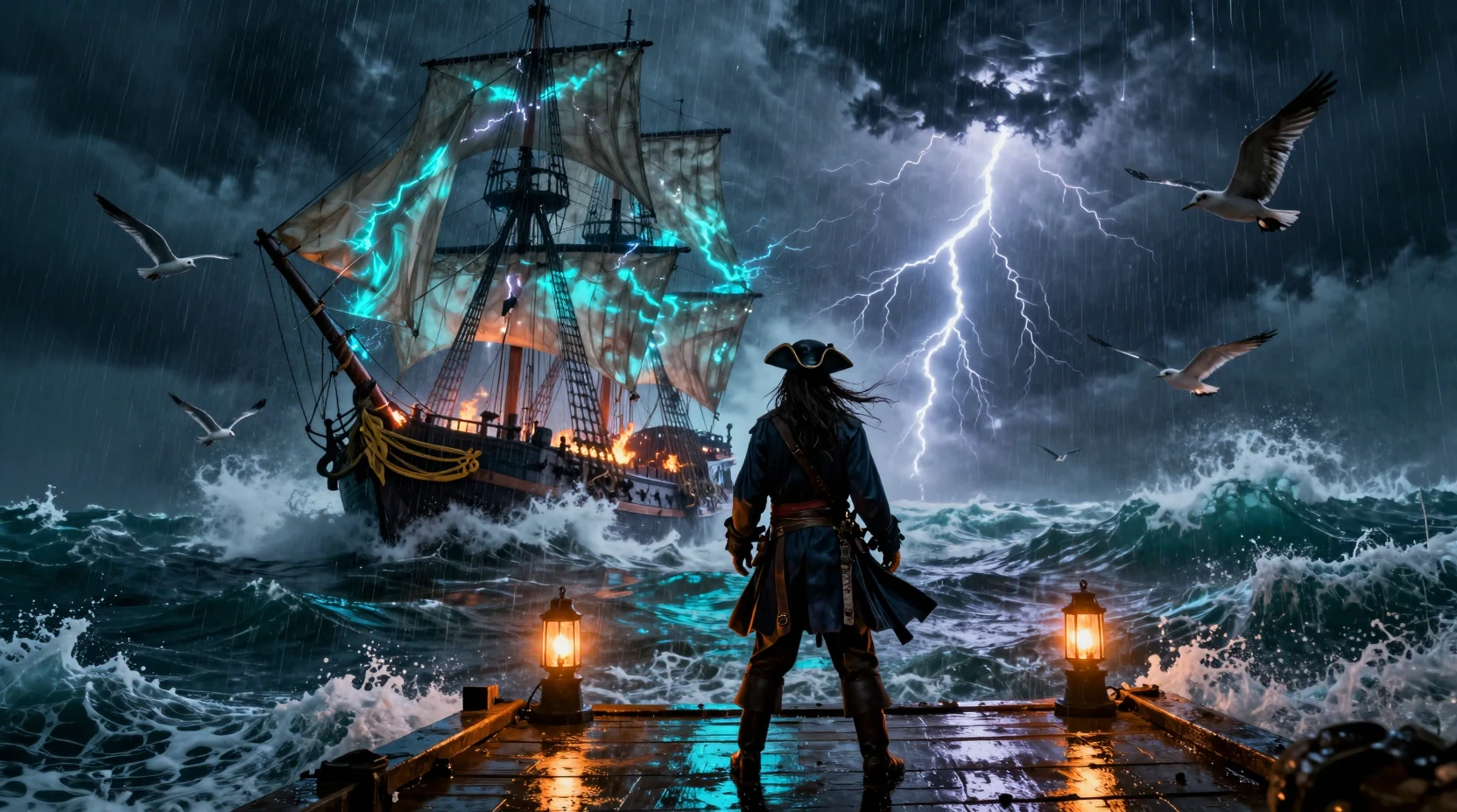Lone pirate on stormy dock facing raging enchanted sea